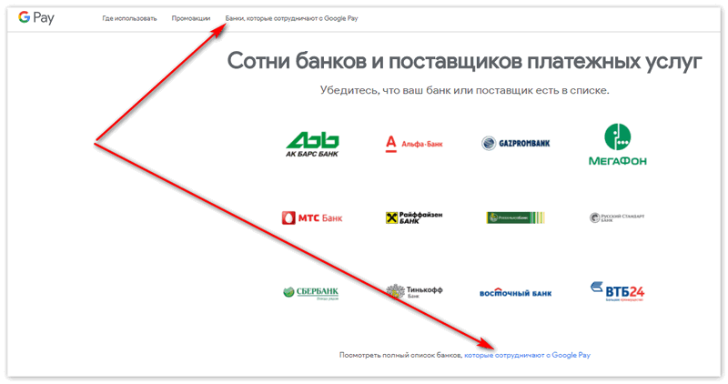 вкладка Банки которые работают с Гугл Пей